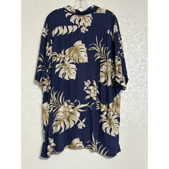 Vintage Luau Mens Hawaiian Shirt Dark Navy Blue Floral Size 2X Spun Rayon Poplin - Picture 2 of 7